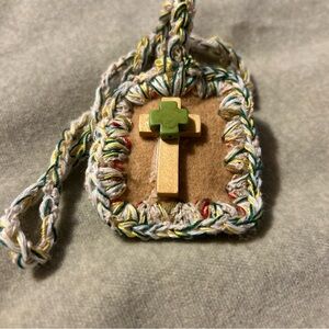 Handcrafted Green Cross Necklace with Green and Yellow Accents